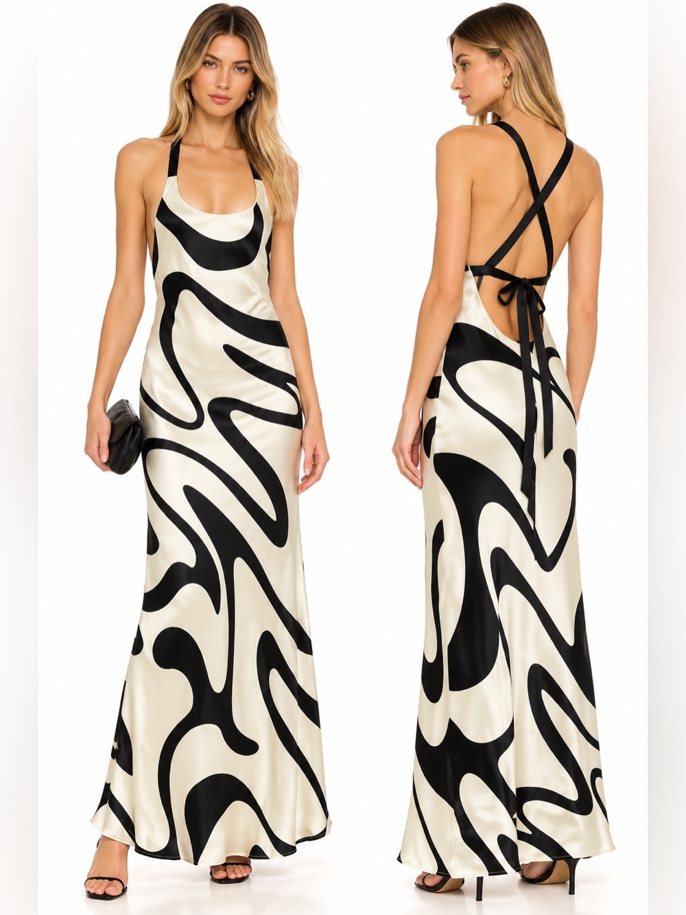 DESIREE Black Ivory Silk Abstract Print Backless Maxi Dress Y2K Resort Evening